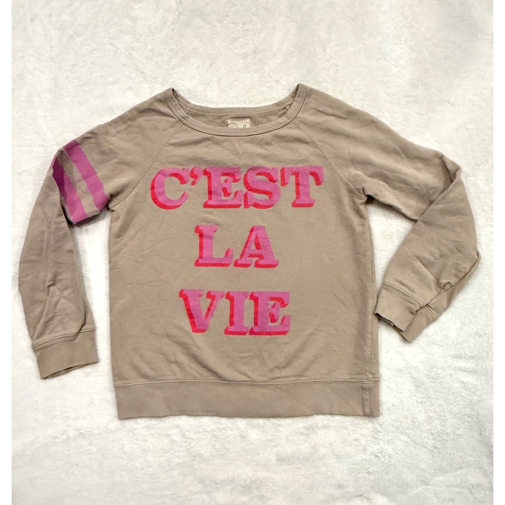 Peek Kids C'EST LA VIE Graphic Sweatshirt Tan Pink Girls XL 10 Raglan Sleeve